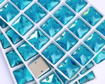 Light Turquoise 3240 Sew On Glass Crystal Squares 12mm 14mm 16mm & 22mm Aquamarine Aqua Bohemia Flatback Rhinestone Premium K9 Gemstones
