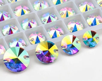 Crystal AB - Sew On Crystal Rivoli Round 12mm 14mm & 16mm Flatback Rhinestones - Premium K9 Glass Gemstones
