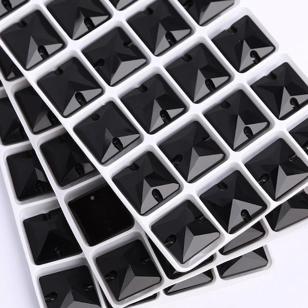 Jet Black - Sew On Glass Crystal Squares 12mm 14mm 16mm & 22mm - Flatback Rhinestones - Premium K9 Glass Gemstones