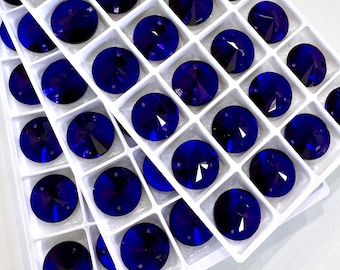 Bleu cobalt / Indigo - Cristal Rivoli rond à coudre 12 mm, 14 mm et 16 mm à dos plat - Pierres précieuses en verre K9 de qualité supérieure - Bleu royal majestueux