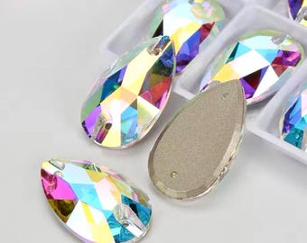 Crystal AB 3230 Sew On Glass Crystal Teardrop / Pear Flatback Rhinestones 10x14mm 11x18mm 13x22mm Premium Glass Gemstones Aurora Borealis