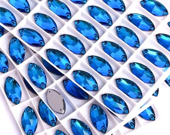 Bleu Bermudes/Bleu Capri avec nuances de violet - Strass à dos plat en cristal de verre à coudre 7x15 mm, 9x18 mm, 13x22 mm - AAAA premium