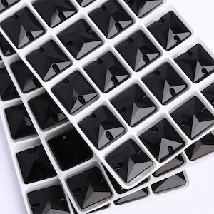Jet Black 3240 Sew On Glass Crystal Squares 12mm 14mm 16mm & 22mm - Flatback Rhinestones - Premium K9 Glass Gemstones