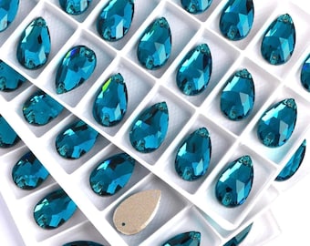 Indicolite 3230 Sew On Glass Crystal Teardrop 10x14mm 11x18mm 13x22mm Teal Blue Zircon Pear Flatback Rhinestones Premium K9 Glass Gemstones
