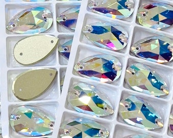 Crystal AB - Sew On Glass Crystal Teardrop / Pear Flatback Rhinestones 11x18mm 13x22mm - Premium K9 Glass Gemstones - Tear Drop Pear