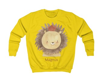 Kids Youths Unisex Custom Name Lion Sweatshirt. Choice of 10 Colors. Cute watercolor lion wearing a crown with your name printed underneath.