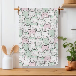 Cat Kitchen Towel_Cat Lovers Cute Tea Towel_Homely Kitchen Decor_Pink & Green CatsHand Towel_Dish Drying Cloth_New Home_ Mothers Day Gift