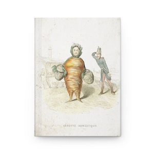May include: A vintage illustration of a person dressed as a carrot, holding baskets in each hand. The person is wearing a white bonnet and a green leafy top. A person in a military uniform stands behind the carrot person, looking away from the viewer. The text "CAROTTE DOMESTIQUE" is printed below the image.