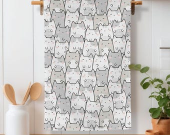 Cat Kitchen Towel_Cat Lovers Cute Tea Towel_Homely Kitchen Decor_Taupe Kawaii Cats Hand Towel_Dish Drying Cloth_New Home_ Mothers Day Gift
