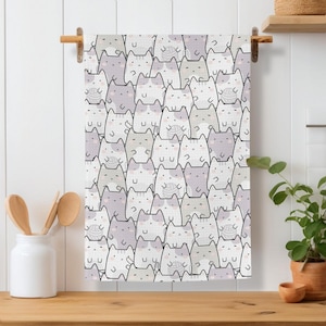 Cat Kitchen Towel_Cat Lovers Cute Tea Towel_Homely Kitchen Decor_Decorative Lilac Hand Towel_Dish Drying Cloth_New Home_ Mothers Day Gift