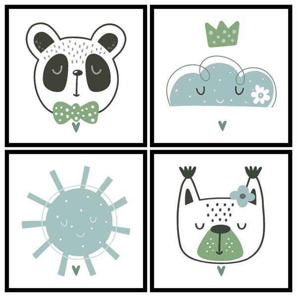Boho Panda Cloud Dog and Sun matching Print Set, Nursery Childrens Animal Pictures, Childs Animal Gift, DIGITAL Baby Art, PRINTABLE Wall Art