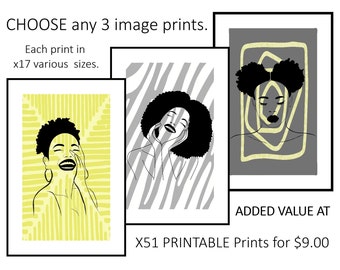 Custom choose Set. Any 3 black women head & shoulders line drawings on ethnic African tile patterns in modern gray and yellow PRINTABLE art.