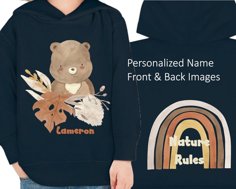 Personalized Name Unisex Toddler Hoodie, Custom named kids shirt, Bear Pullover Fleece, Nature Hooded long-sleeved Sweatshirt, Gift for kids image 1