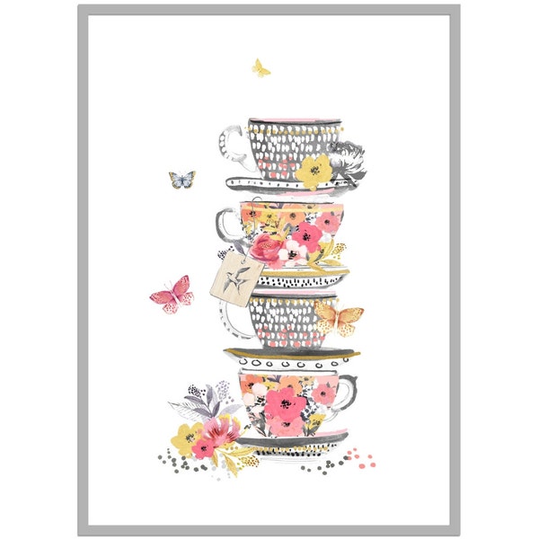 PRINTABLE Art for Kitchen, Floral Vintage Teacup Watercolor Wall Art, Kitchen Downloadable Print, Colorful Kitchen Decor, Teacups Picture,