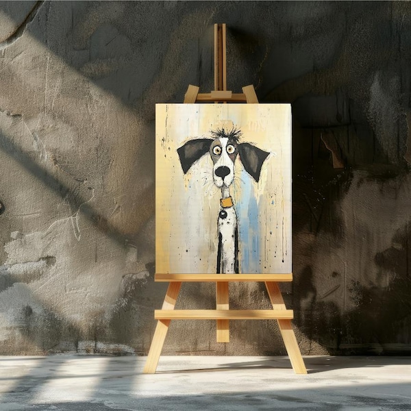 Quirky Dog Whimsical Canvas Wall Art on a Blue & Yellow Abstract Background