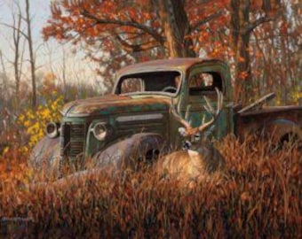 A BUCK AND A TRUCK In The Woods Quilt Panel 36"X 45"