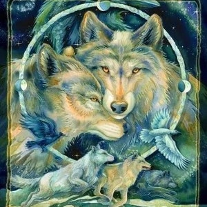 May include: A polyester fleece panel featuring a detailed illustration of wolves. The artwork includes two large wolves, smaller running wolves, birds, and a moon, all within a circular frame. The panel measures 48x60 inches.