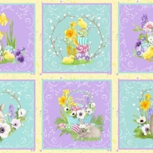 May include: A pastel purple and blue patchwork fabric with a repeating pattern of bunnies and chicks in floral wreaths. The fabric features a yellow, purple, and white border.