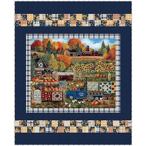 May include: A rectangular quilt featuring a central autumn farm scene with a blue truck, pumpkins, sunflowers, and barns. The scene is framed by a blue and white plaid border and a dark blue outer border with a checkered strip of orange and brown.