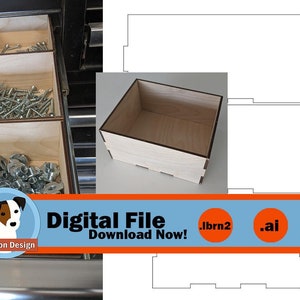 Puede incluir: Un archivo digital descargable para una caja de madera con un diseño simple. El archivo está disponible en los formatos .lbrn2, .ai, .dxf y .svg. La imagen muestra una caja terminada y un dibujo de línea de la caja.