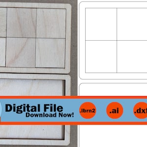 以下が含まれることがあります： 6つの正方形の切り抜きと長方形のフレームが付いた木製パズル。画像には、「Digital File Download Now！」というテキストとファイルタイプのアイコンが表示されたデジタルファイルも表示されています。パズルは明るい色の木材で作られています。