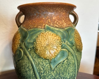 Roseville Vintage Pottery Sunflower Vase, Gold/Green/Blue/Brown