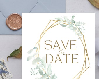 Può includere: Carta di salvataggio della data con una cornice geometrica dorata e foglie verdi ad acquerello. Il testo recita "Save the Date" con i nomi "Andrea & Mike" e l'indirizzo "123 Anywhere St, Any City". La carta include anche il testo "Formal Invitation to Follow".