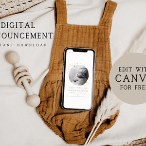 Tarjeta de anuncio de nacimiento con foto imprimible, anuncio de nacimiento de recién nacido, plantilla de foto de anuncio de nacimiento, plantilla Canva