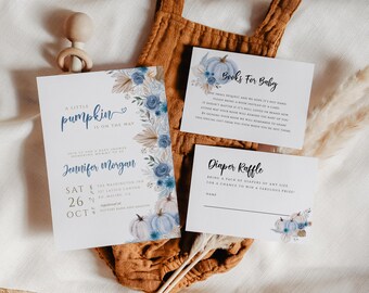 Blue Pumpkin Baby Shower Invitation, Boy Fall Baby Shower Invite Set, Instant Download, Printable Invitation, Little Pumpkin