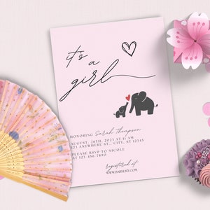 Girl Baby Shower Invitation | Instant Download | Minimalist Baby Shower Invitation | Elephant Baby Shower Invitation | Editable Template