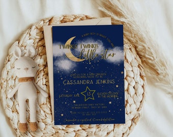 May include: A blue baby shower invitation with gold glitter and stars. The invitation reads "Twinkle Twinkle Little Star" and includes the date, time, and location of the event. The invitation also includes the name of the mother-to-be, Cassandra Jenkins.