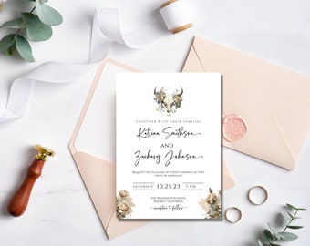 Longhorn Wedding Invite, Southwestern Ranch Invitation, Printable Wedding Invitation, Rustic Wedding, Country Wedding Invitation