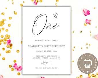 Minimalist First Birthday Photo Invitation, Minimal 1St Birthday Invitation Template, Gender Neutral Birthday Invite, Instant Download