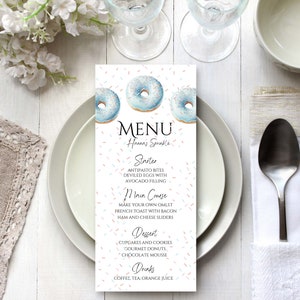 Baby Sprinkle Menu, Blue Donut, Boy Baby Shower, Boy Baby Sprinkle, Baby Shower Menu, Instant Download, Canva Template