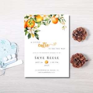 A Little Cutie Is On The Way Baby Shower, Citrus Baby Shower, Editable Template, Cutie Baby Shower Invite, Orange Baby Shower