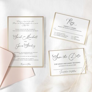 Gold Border Wedding Invitation Bundle, Simple Wedding Bundle, Wedding Invitation Template, Minimalist, Religious Wedding Invitation Set