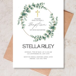 Baptism Invite, Modern Greenery, Christening Invitation, Digital Invitation, Instant Download, Eucalyptus Baptism, Gender Neutral