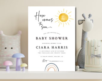 Here Comes The Son Baby Shower Invitation, Boho Baby Shower Invites, Here Comes The Sun Baby Shower, Boho Sunshine Baby Sprinkle Invite