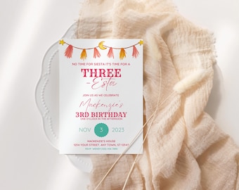 Invito di compleanno Canva Three-esta, Invito di compleanno Fiesta Three Esta 3Rd, Invito modificabile Three-Esta, Download istantaneo