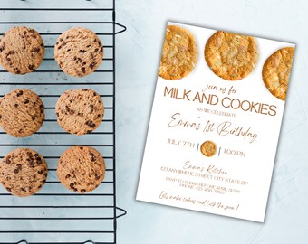 May include: A white invitation card with a brown border and text that reads "Join us for Milk and Cookies as we celebrate Emma's 1st Birthday, July 7th, 1:00 PM". The card has a picture of three cookies with sprinkles on top.