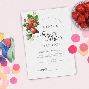 Berry First Birthday, Printable Invite, Girl 1st Birthday Invitation Template, Strawberry First Birthday Party Invite, Sweet One