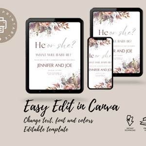 Il ou elle sexe neutre bébé douche inviter, téléchargement immédiat, Boho sexe révèlent Invitation, sexe neutre révèlent Party Invite