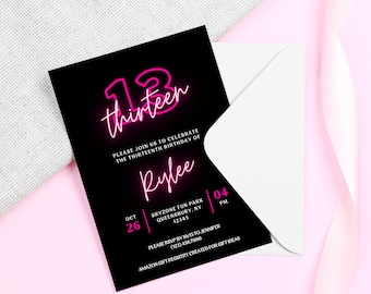 Thirteenth Birthday Party Invitation, 13Th Birthday Invitation, Neon Birthday Invite, Party Mobile Birthday Invitation