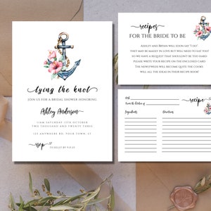 Nautical Bridal Shower Invitation Template with Recipe Cards, Printable Invitation, Editable Nautical Invite Ocean, Tying The Knot