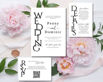 Puede incluir: Invitación de boda con texto negro sobre cartulina blanca. La invitación dice "Boda de Penny y Dominic" con la fecha y hora de la boda. La invitación también incluye la ubicación de la boda, "The Ballero Golf Club, 123 Main Street, Boston".