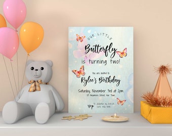 2nd Birthday Invite, Butterfly Invitation, Butterfly Template Download, Girls Butterfly Invitation, 2nd Birthday Invitation, Turning Two