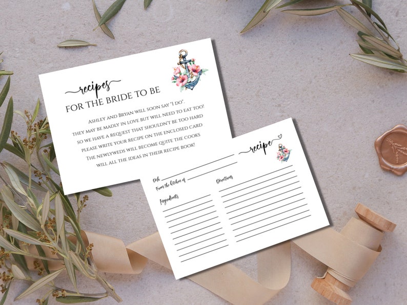 Nautical Bridal Shower Invitation Template With Recipe Cards, Printable ...