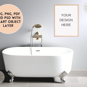 Wood Frame Mockup Gray Bathroom Wall Art Minimal Modern Bath Decor Poster Frames, PDF PNG PSD Smart Object Layer, Instant Download