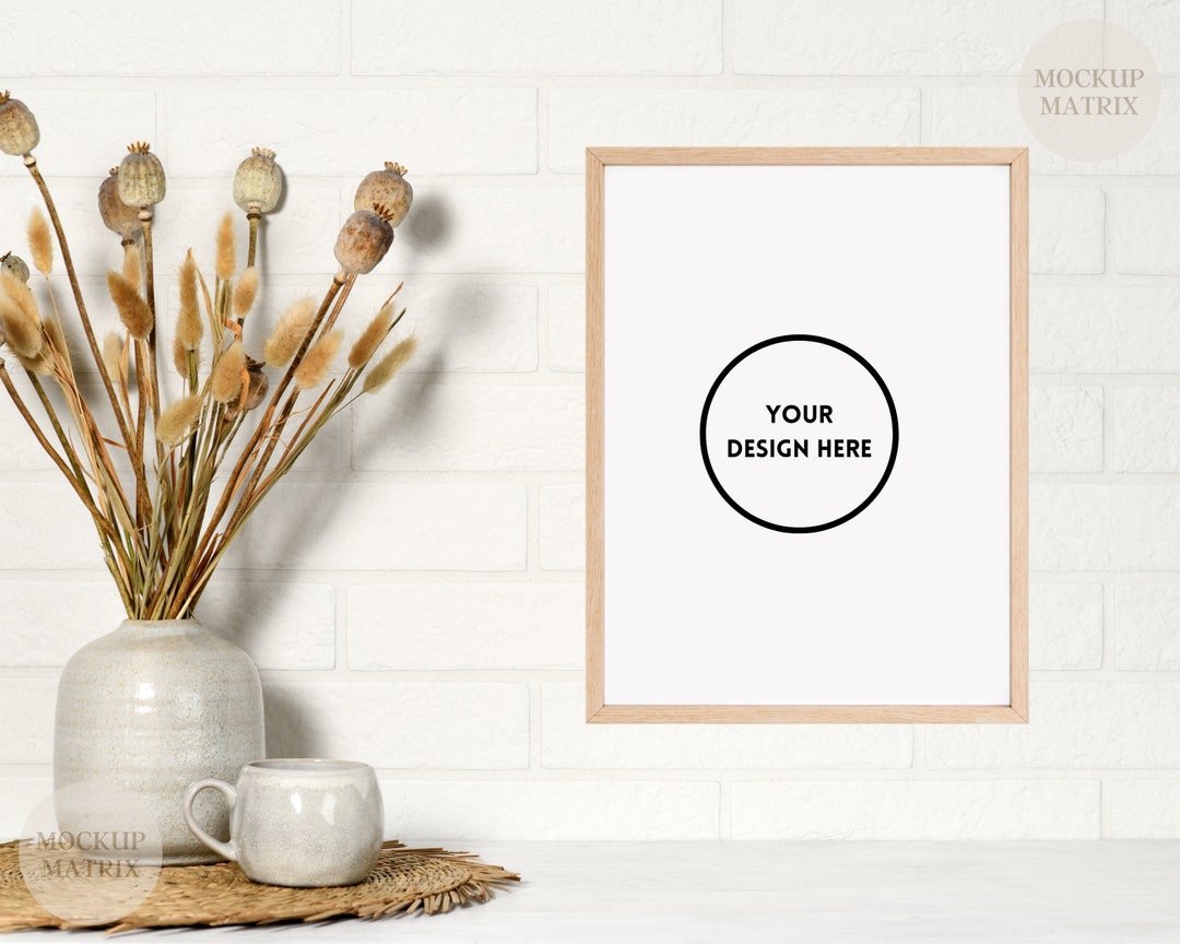 Light Wood Wall Art Frame Mockup Two Vases Dried Grass Plants Minimal Modern Vertical Poster
