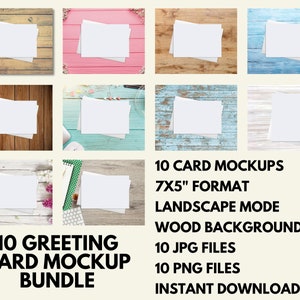 Pacchetto di 10 modelli di biglietti d'auguri 7x5 biglietti di nozze compleanno paesaggio sfondo legno Mockup, busta diagonale bianca, download istantaneo